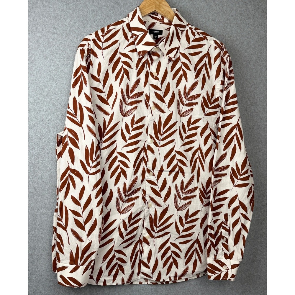 Express Shirt Mens XL Brown Slim 1MX Leaf Print Stretch Button-down shirt